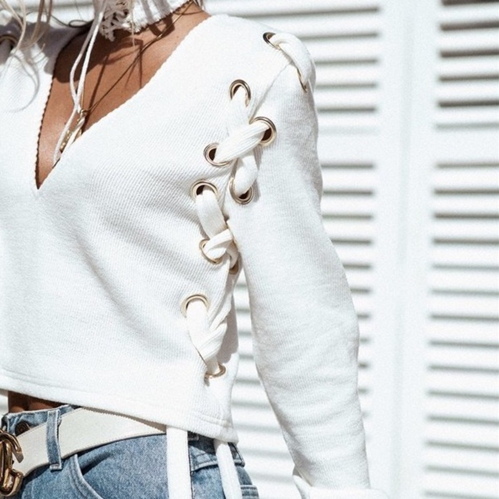 'Mira' Lace Up V-Neck Sweater - Picture 2 of 8